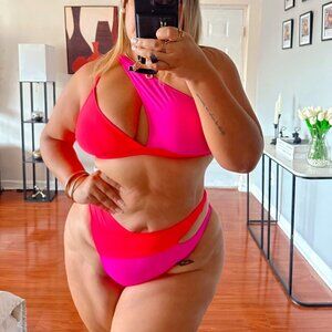 Popvil Women Cutout One-Shoulder Color Block Bikini Swimsuit Hot Pink Plus Size